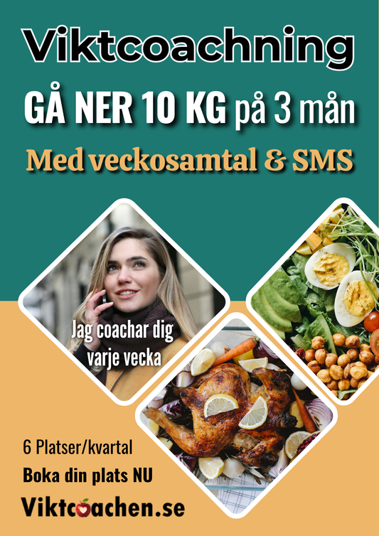 7. 🌟 VIKTCOACHNING I 3 MÅNADER. Med Samtal varje vecka, daglig sms-support och privat Fb-grupp. Min BÄSTA diet med 105 recept ingår. (Du kan delbet./mån.)